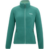 A teal green fleece zip-up jacket with a stand-up collar, long sleeves, and zippered hand pockets, shown on a plain white background.