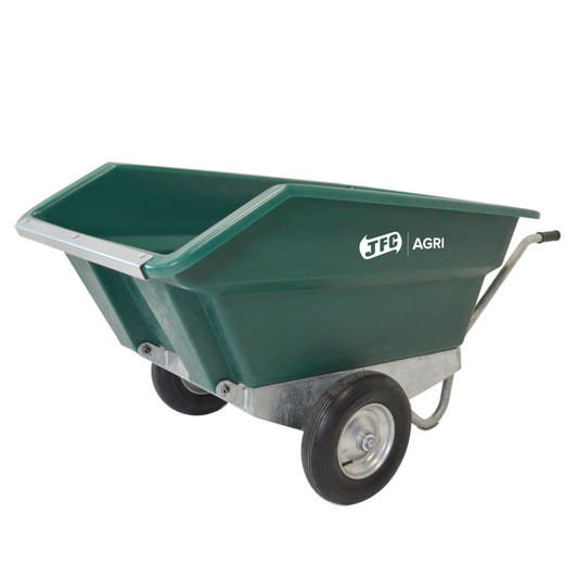 Green wheelbarrow with 'JFC Agri' branding on a white background
