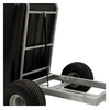Close-up of the rear corner of a black utility cart or trailer with a galvanized metal frame and two black tires on a white background.