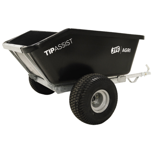 Black tip assist trailer with logo on front in white on white background