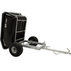A black and silver agricultural wheelbarrow trailer with two black tires, a black hopper, and a silver metal frame and hitch, shown on a white background.