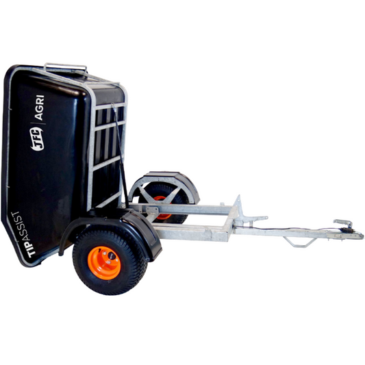 A black and silver agricultural trailer or utility cart with orange wheel rims, shown on a plain white background.