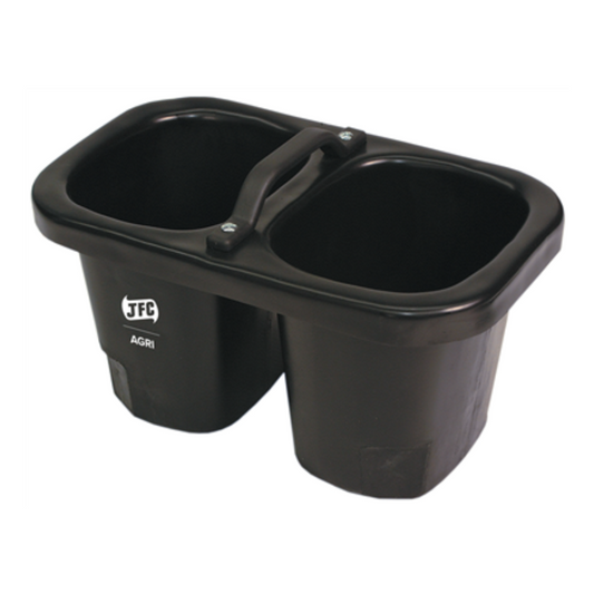 Black double-basin feed or water trough with JFC Agri branding on a white background