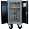 A gray and black industrial rolling storage cabinet with two open doors, a glass front panel, and two caster wheels, shown on a plain white background.