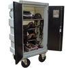 A gray and black rolling storage cabinet with doors open, showing shelves inside holding brown leather riding boots, a hat, folded fabric, and equestrian gear on wheels.