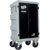 A JFC Equine Tack Locker on wheels, featuring a gray plastic body and two black doors with white branding.