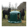 Green horse feeder with two horses in a field