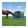 Horse interacting with a green hay feeder on grass with a blue sky background