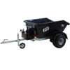 A black JTF 500T trailer dump cart with a silver metal frame, hitch, and front wheel, shown from a three-quarter angle on a white background.