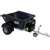 A black JFC 500T dump trailer with a silver metal hitch and hitch receiver, shown on a solid white background.
