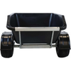 A black plastic hopper trailer with a silver metal frame and dual black wheels, shown from a front-facing perspective on a white background.