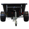 A black agricultural spreader or hopper trailer with dual wheels, a hitched front wheel, metal frame, coiled black hose with red connectors, and visible wiring on a plain white background.