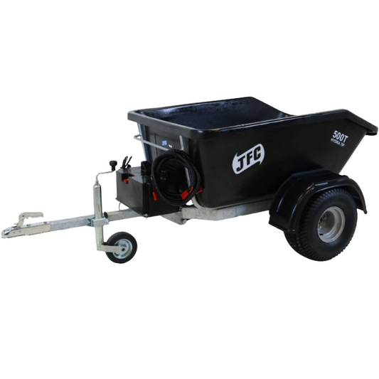 A black JTF 500T trailer dump cart with a silver metal frame, hitch, and front wheel, shown from a three-quarter angle on a white background.