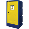 A heavy-duty industrial storage cabinet with a blue outer frame and a bright yellow door. The door features a lock, a warning label from ADR, and two recessed square panels.