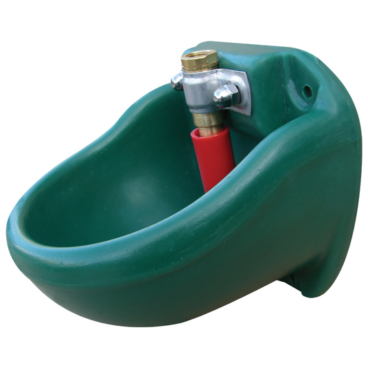 Green plastic trough with a red hose and brass fitting on a white background