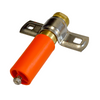 Mechanical component with orange handle and metal parts on a white background