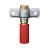 Plumbing valve with brass and red components on a white background