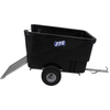 A black plastic utility trailer with a single wheel, a silver metal ramp on the side, and a silver metal hitch, featuring a blue and white JFC logo on the side panel.