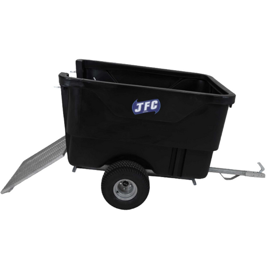 A black plastic utility trailer with a single wheel, a silver metal ramp on the side, and a silver metal hitch, featuring a blue and white JFC logo on the side panel.