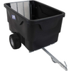 A black plastic utility storage bin on a wheeled trailer with a metal mesh liner and a silver metal hitch tongue, shown on a white background.
