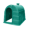 Green plastic animal shelter with a brand logo on a white background