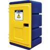 A heavy-duty plastic storage cabinet with a bright yellow front door and a blue side and base, featuring a warning label and a keyhole lock.