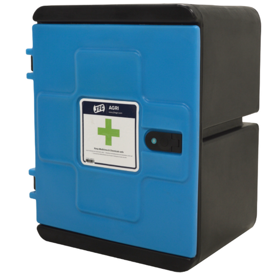 A blue and black agricultural storage cabinet with a front label reading 'FTA AGRI' and a green cross symbol, shown on a plain white background.