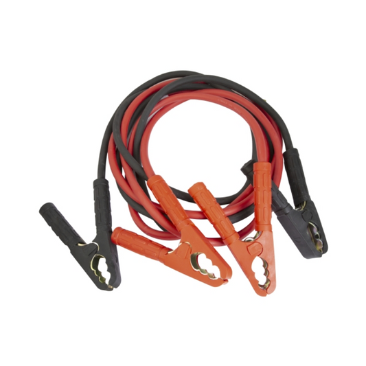 Set of red and black jumper cables with orange clamps on a white background