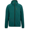 A dark teal hooded jacket with a full front zipper, zippered hand pockets, and small yellow zipper pulls, shown on a plain white background.