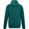 A dark teal hooded jacket shown from the back, featuring a smooth matte finish and long sleeves, set against a plain white background.