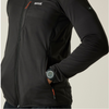 Black jacket with orange zippers on a neutral background