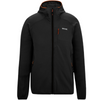 A black hooded softshell jacket with orange zipper pulls and a small white logo on the left chest, shown on a plain white background.