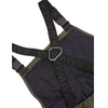 Close-up of a dark navy or black waders bib with olive green trim and black adjustable straps featuring a repeating 'K' logo, on a plain white background.