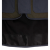 Close-up of a tactical vest or jacket showing three front flap pockets in dark navy, olive green, and black mesh lining.