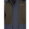 Close-up of a Katwaka jacket featuring an olive green body, a dark slate blue front placket and pockets, and white piping details.