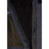Close-up of a zippered jacket showing dark gray outer fabric, olive green side panel, black interior lining, and a vertical zip pocket.