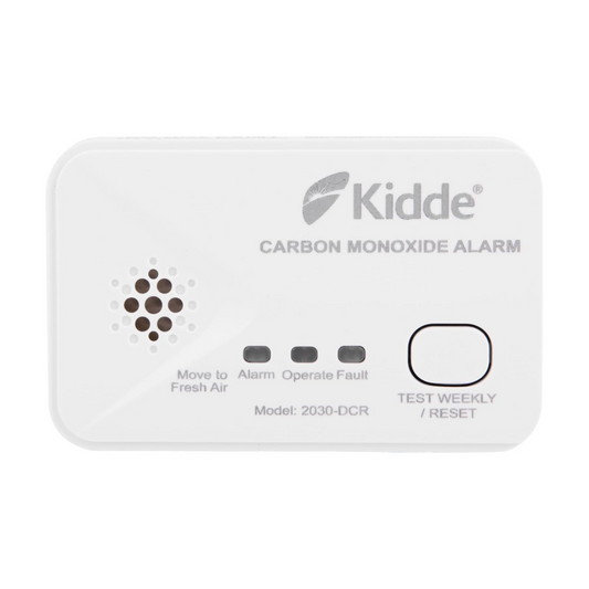 White carbon monoxide alarm with Kidde branding on a white background