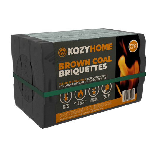 Box of Kozy Home Brown Coal Briquettes with branding and product details on a white background