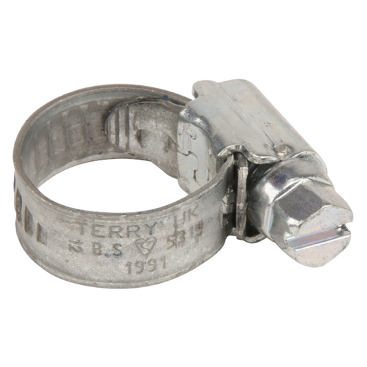 Metal hose clamp with branding on a white background