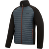 A technical outdoor jacket with a dark slate blue-gray quilted front panel, black sleeves and collar, and a thin orange zipper running down the center.