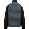 The back view of a men's zip-up jacket featuring a dark slate blue-gray quilted center panel and solid black sleeves, collar, and shoulder yoke, shown on a plain white background.
