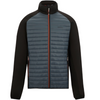 A technical jacket with a dark slate blue quilted front panel and black sleeves, featuring a vertical orange zipper running down the center.