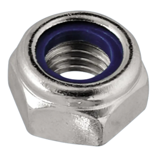 silver lock nut with blue rings on white background