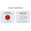 Two easy install options for a product with 'Peel & Stick' and 'Adaptor for Pre-Drilled Tanks' on a white background.