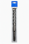 A metal rotary hammer drill bit with a fluted spiral design, sealed in a clear plastic blister pack with a blue cardboard header.