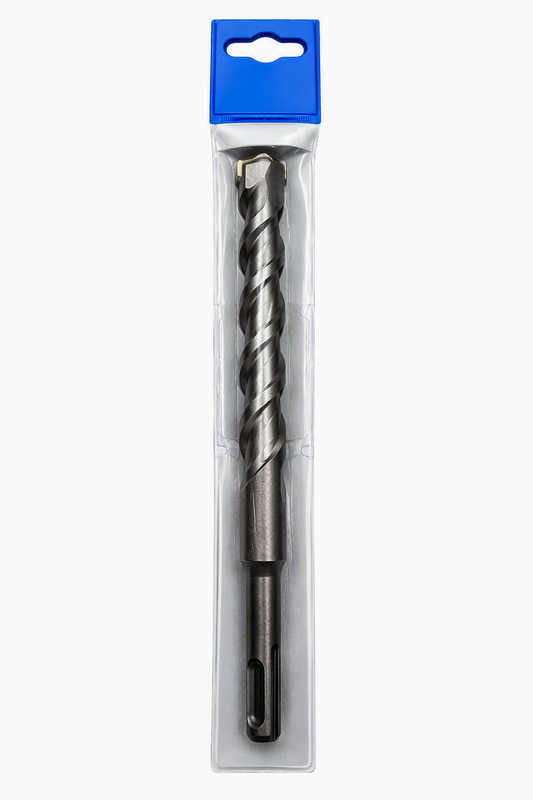 A metal rotary hammer drill bit with a fluted spiral design, sealed in a clear plastic blister pack with a blue cardboard header.