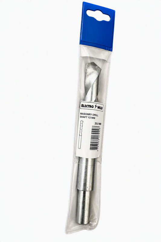 drill bit featuring a blue plastic hanger cap and a clear sleeve with a white label.