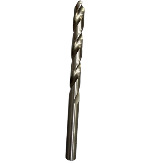 A single metal drill bit with a silver metallic finish, shown vertically against a plain white background.