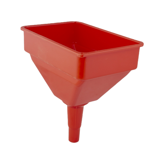 Red plastic funnel on a white background