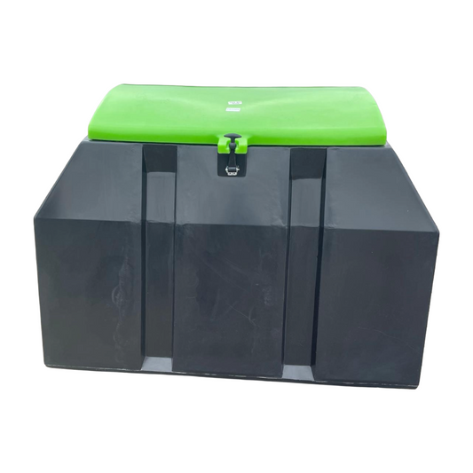 Black storage box with a green lid on a white background